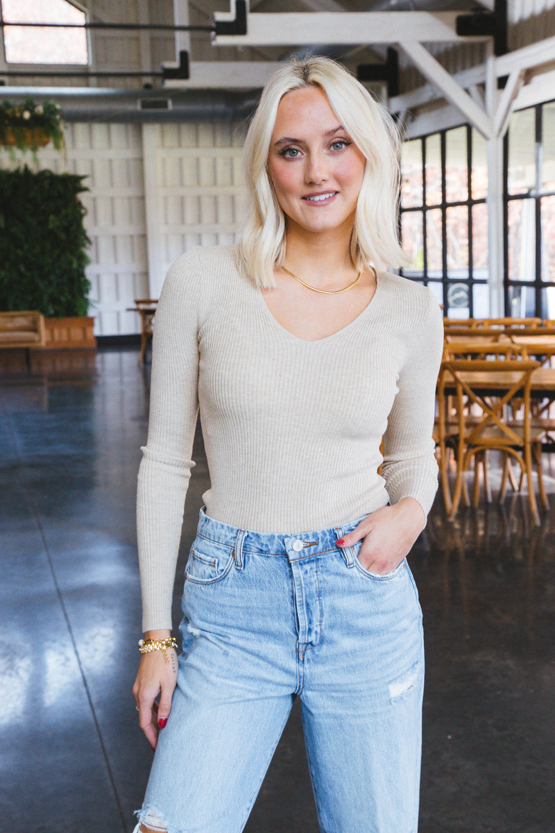 Serenity Long Sleeve V-Neck Ribbed Sweater, Oatmeal