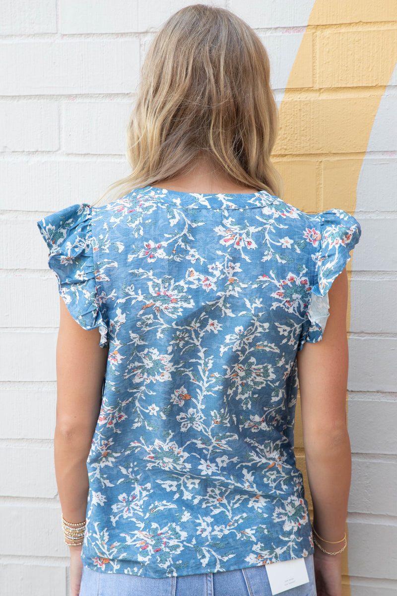 Layla Floral Ruffle Sleeve Blouse, Denim Blue