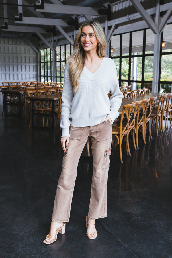 Manuela V-Neck Pullover Sweater, Fog | RD Style