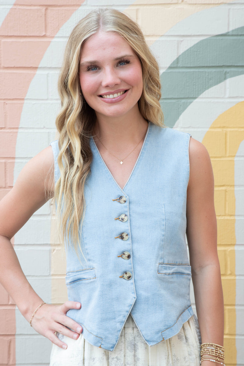 Elliana Denim Button Down Vest, Light Denim