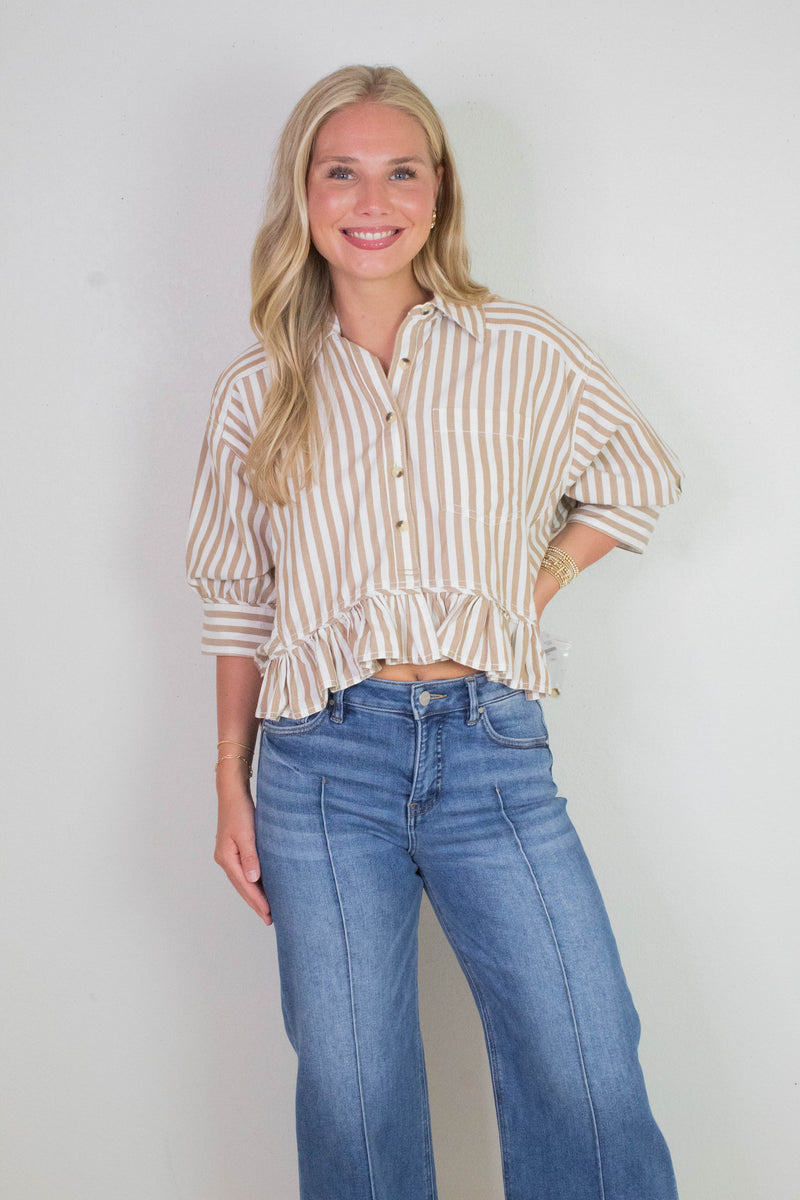 Bailey Stripe Ruffle Hem Shirt, Neutral Combo | Free People