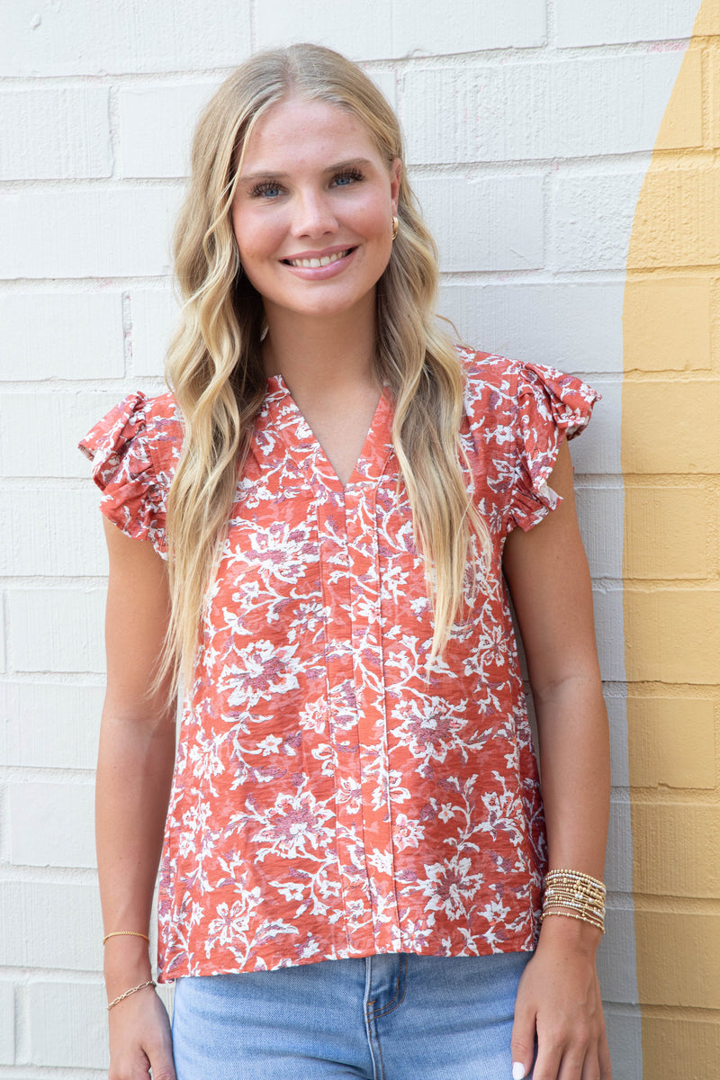 Layla Floral Ruffle Sleeve Blouse, Coral Red