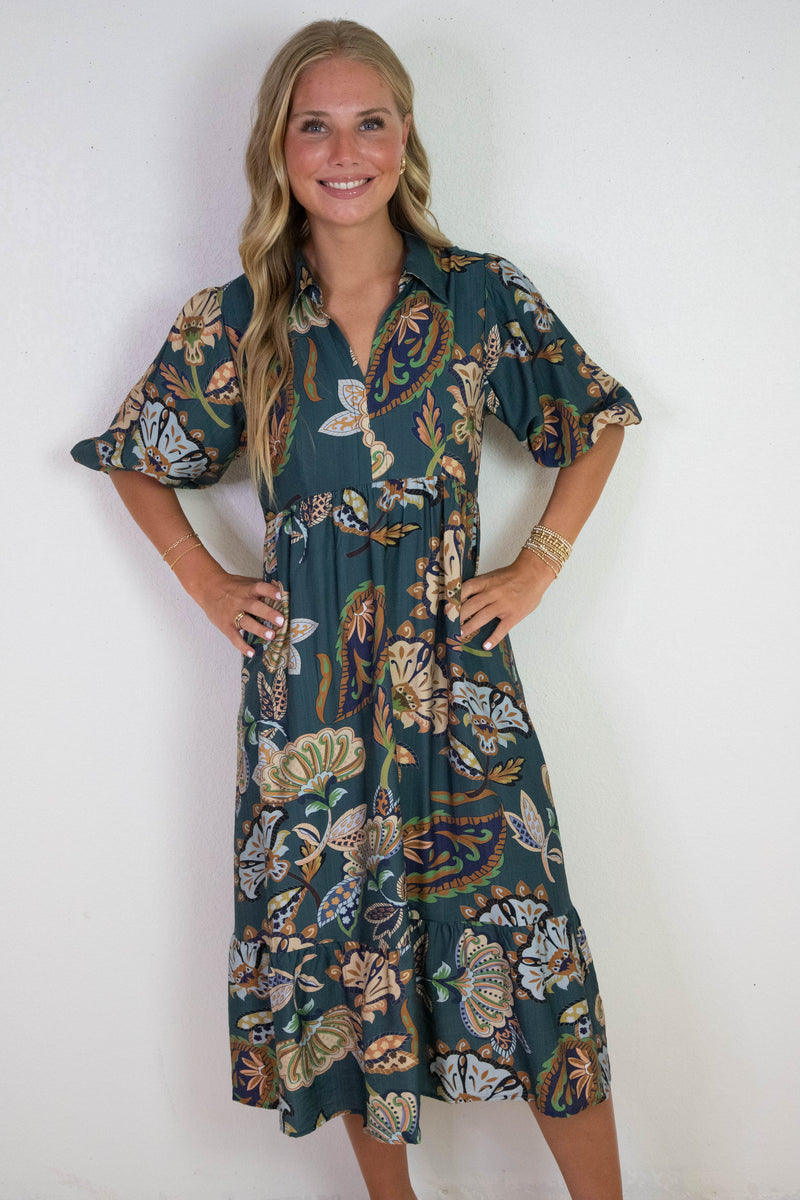 Reese Printed Half Sleeve Midi Dress, Teal