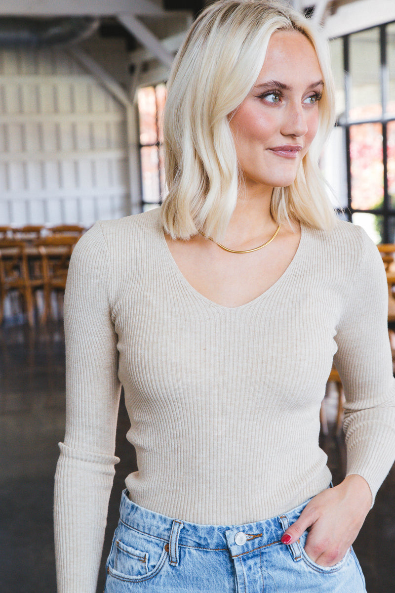 Serenity Long Sleeve V-Neck Ribbed Sweater, Oatmeal