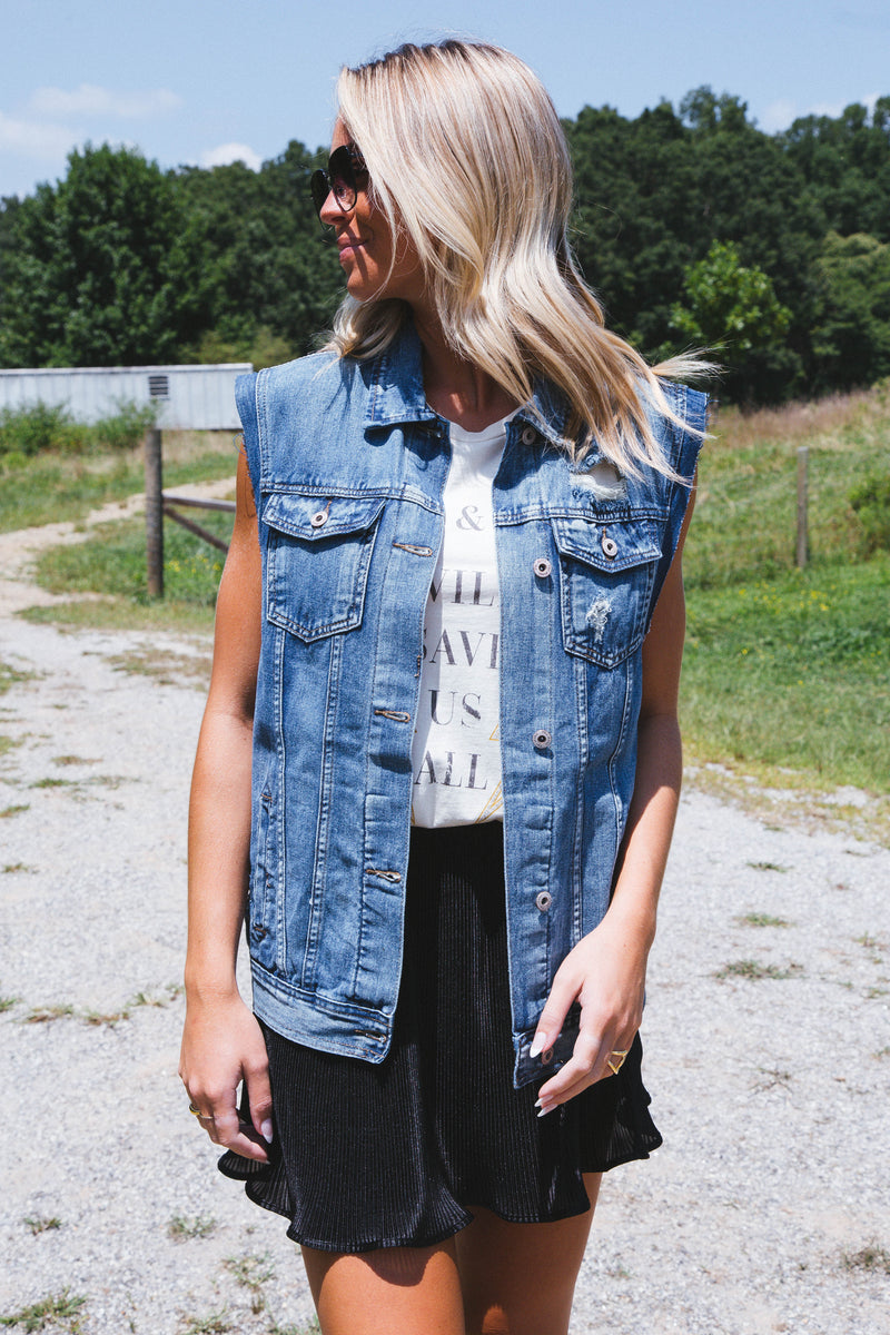 Boyfriend Boxy Denim Vest, Medium Wash