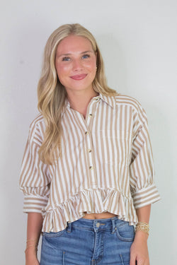 Bailey Stripe Ruffle Hem Shirt, Neutral Combo | Free People