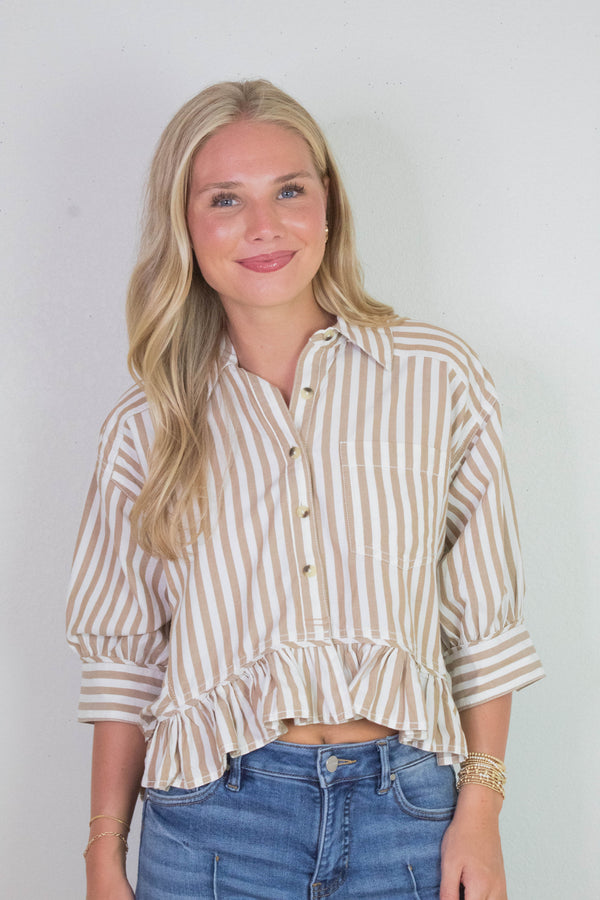 Bailey Stripe Ruffle Hem Shirt, Neutral Combo | Free People