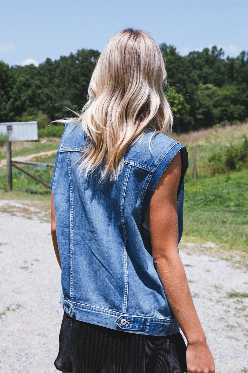 Boyfriend Boxy Denim Vest, Medium Wash
