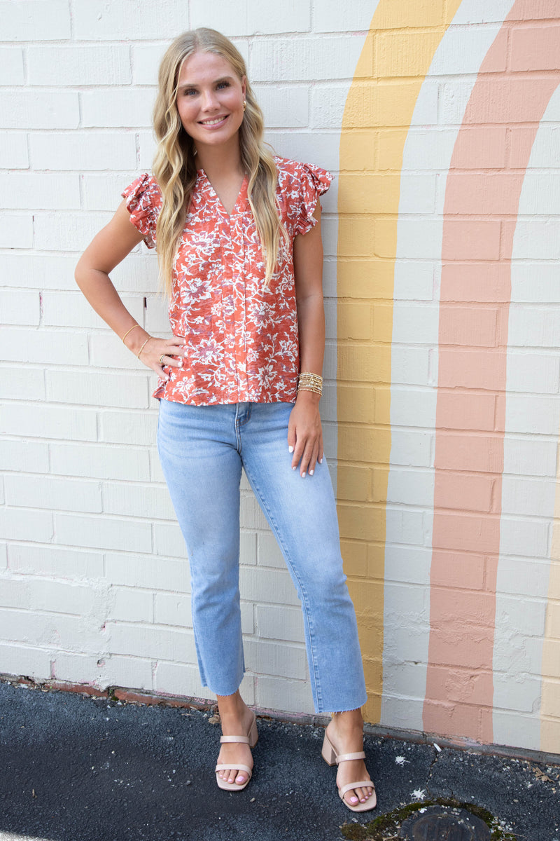 Layla Floral Ruffle Sleeve Blouse, Coral Red