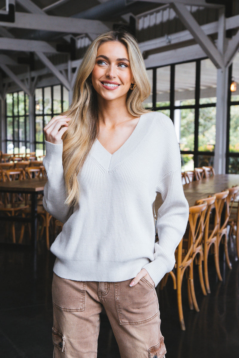 Manuela V-Neck Pullover Sweater, Fog | RD Style