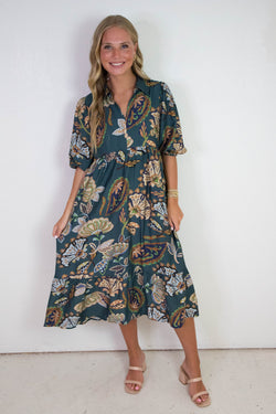 Reese Printed Half Sleeve Midi Dress, Teal