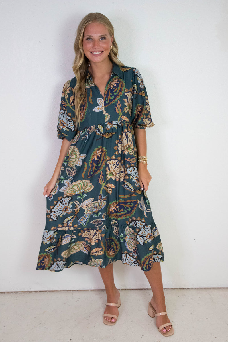 Reese Printed Half Sleeve Midi Dress, Teal