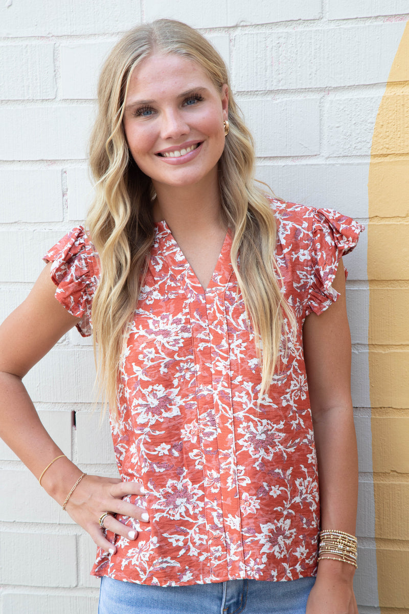 Layla Floral Ruffle Sleeve Blouse, Coral Red