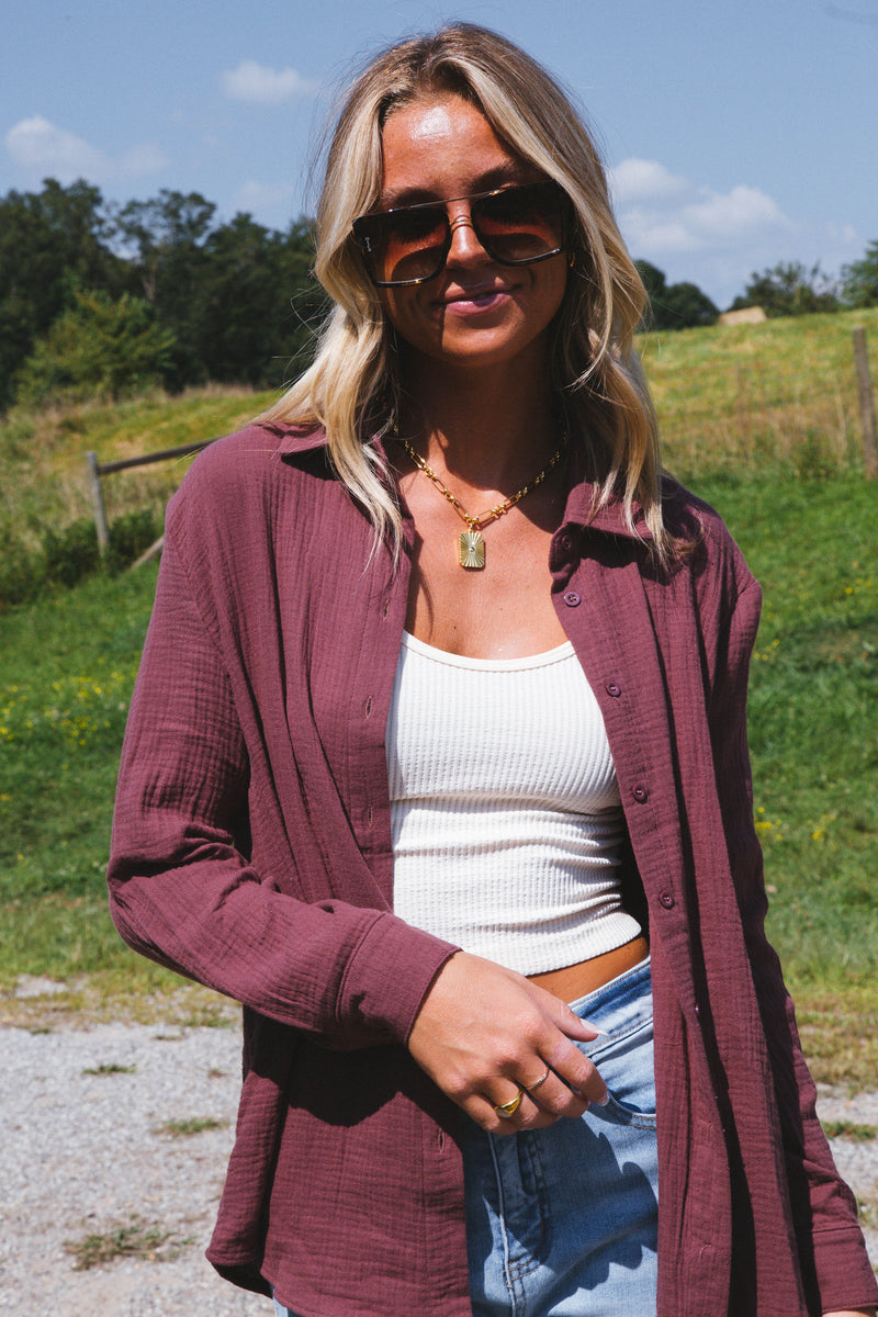 Cora Gauze Oversized Button Down Top, Plum
