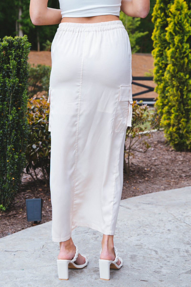 Gemma Satin Cargo Maxi Skirt, Cream