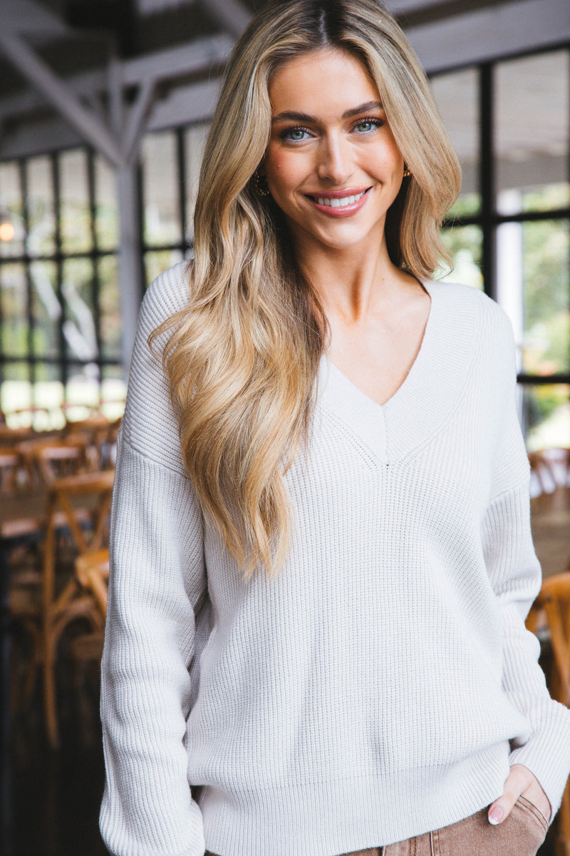 Manuela V-Neck Pullover Sweater, Fog | RD Style