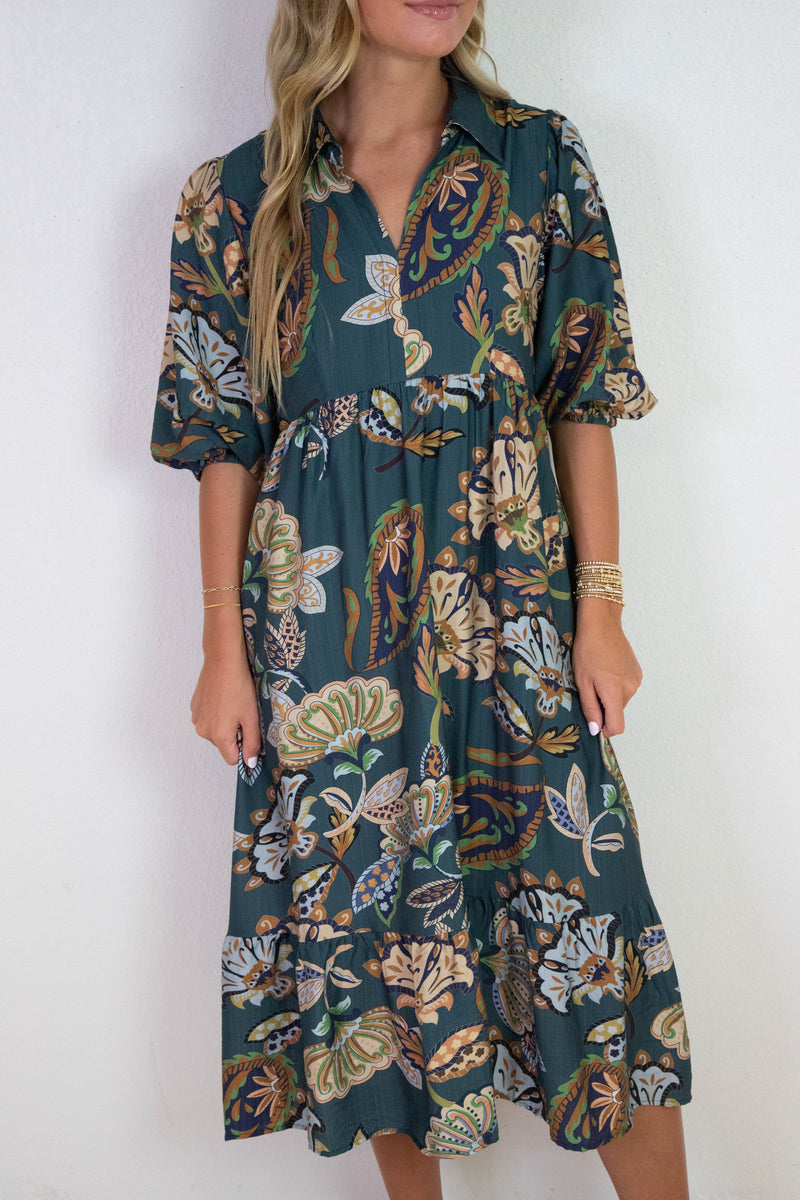 Reese Printed Half Sleeve Midi Dress, Teal