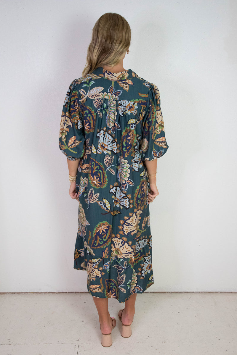 Reese Printed Half Sleeve Midi Dress, Teal