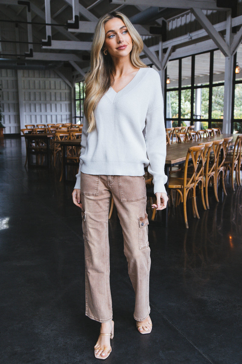 Manuela V-Neck Pullover Sweater, Fog | RD Style