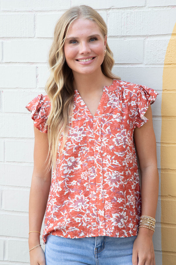 Layla Floral Ruffle Sleeve Blouse, Coral Red