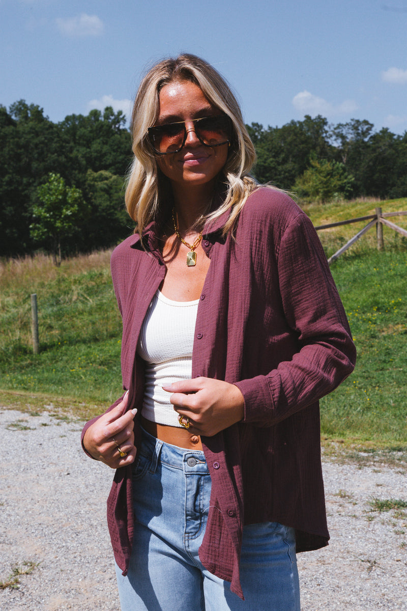 Cora Gauze Oversized Button Down Top, Plum