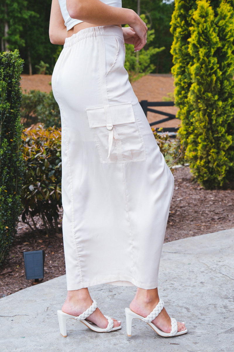 Gemma Satin Cargo Maxi Skirt, Cream