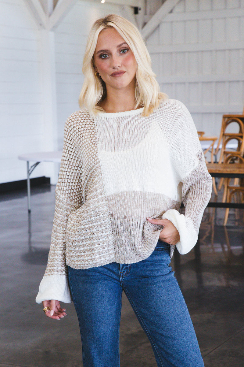 Polina Drop Shoulder Knit Sweater, Taupe Multi