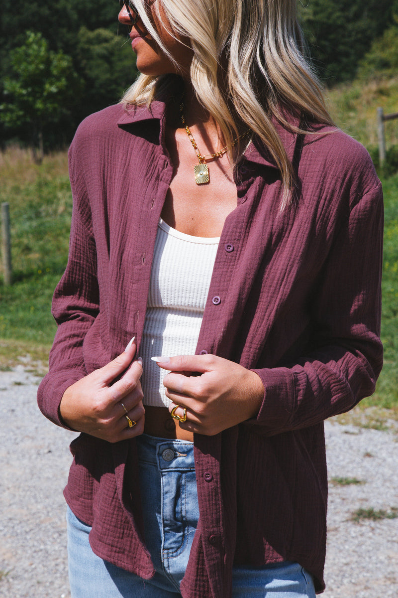 Cora Gauze Oversized Button Down Top, Plum