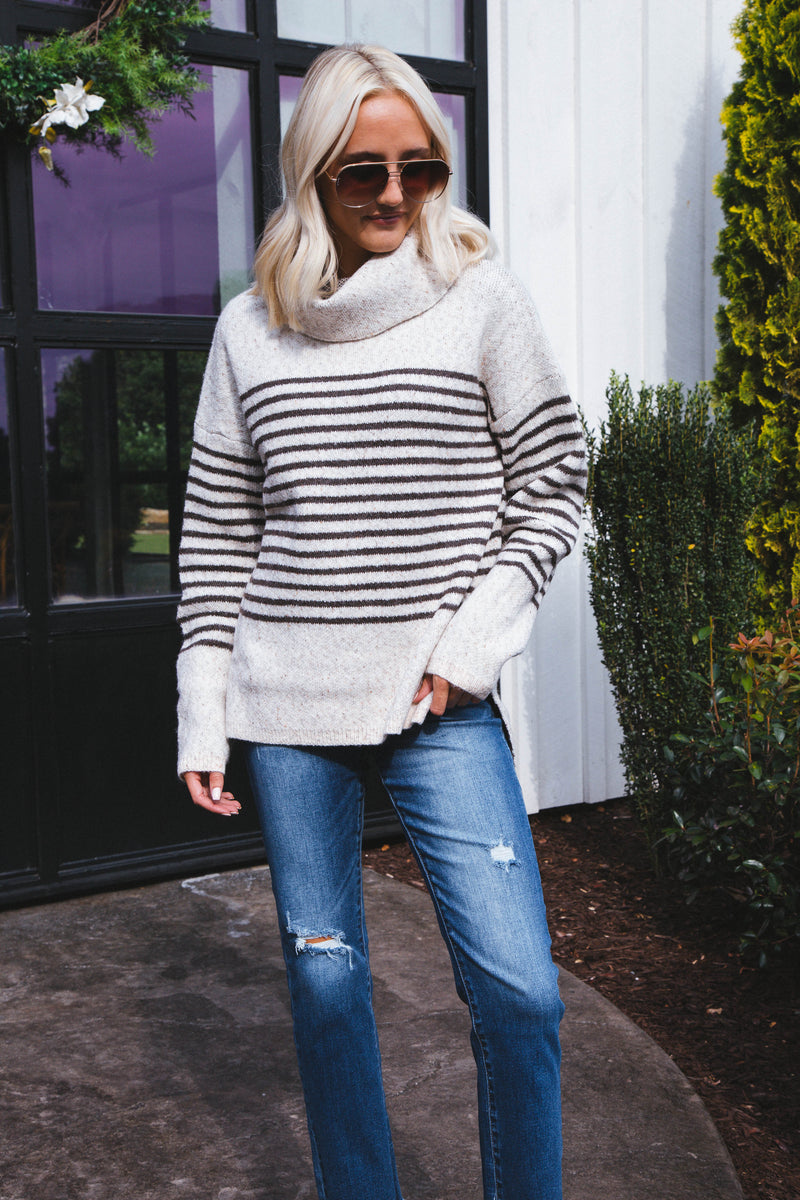 McKenzie Stripe Turtleneck Sweater, Oatmeal/Brown