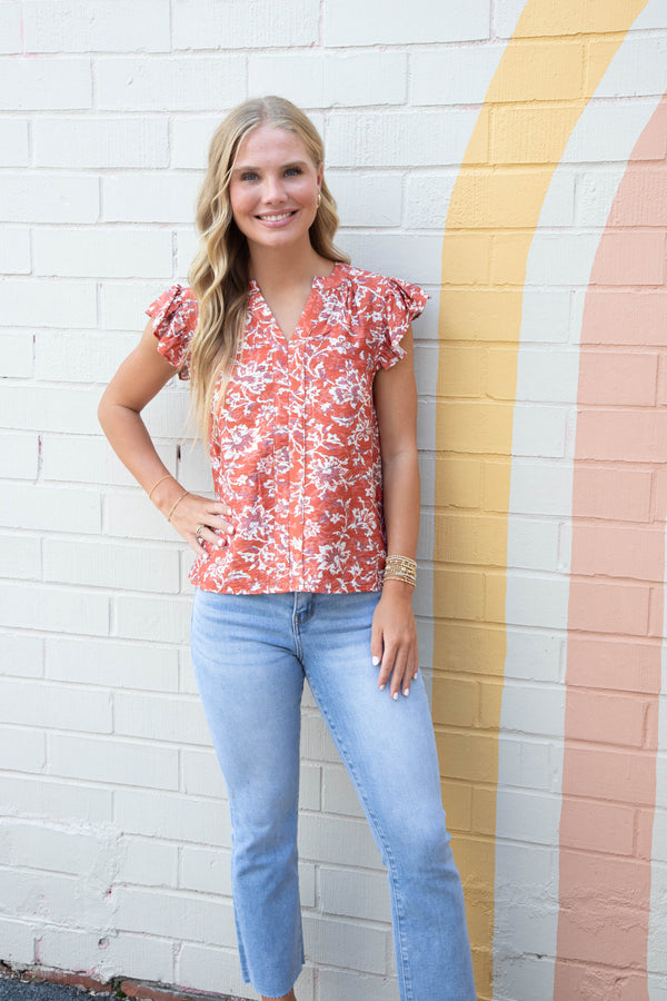 Layla Floral Ruffle Sleeve Blouse, Coral Red