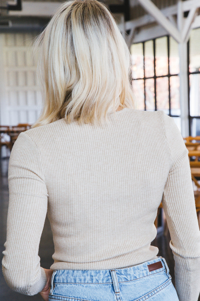 Serenity Long Sleeve V-Neck Ribbed Sweater, Oatmeal