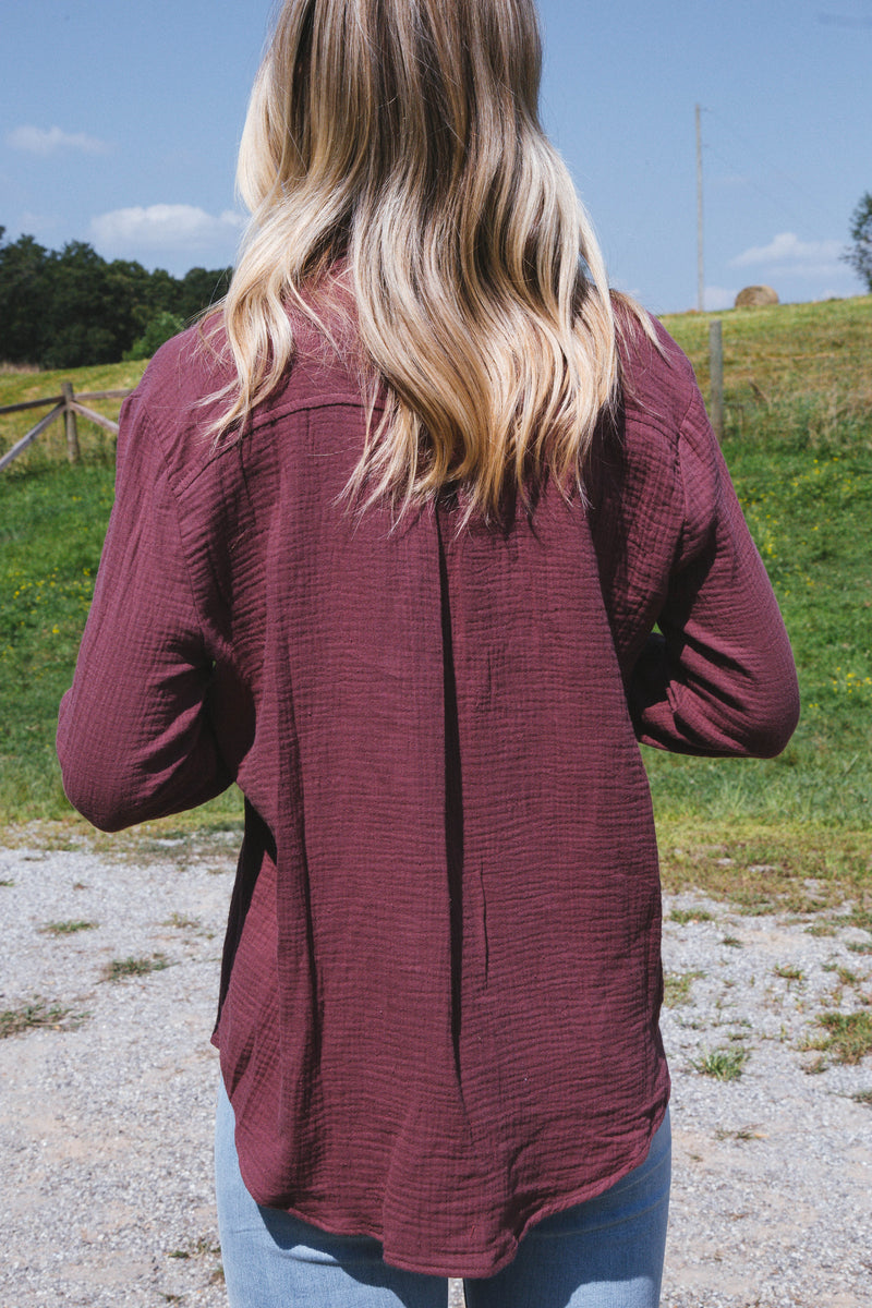 Cora Gauze Oversized Button Down Top, Plum