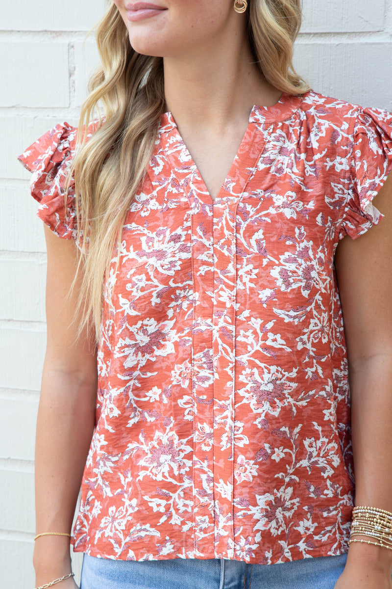 Layla Floral Ruffle Sleeve Blouse, Coral Red