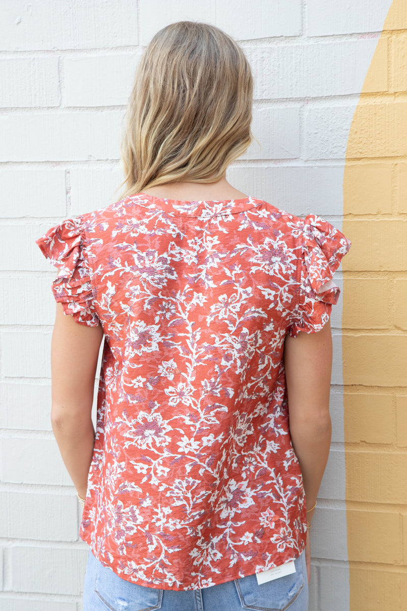 Layla Floral Ruffle Sleeve Blouse, Coral Red