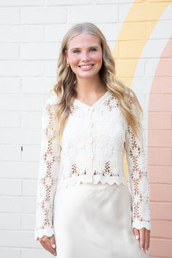 Mona Floral Crochet Cardigan, Natural