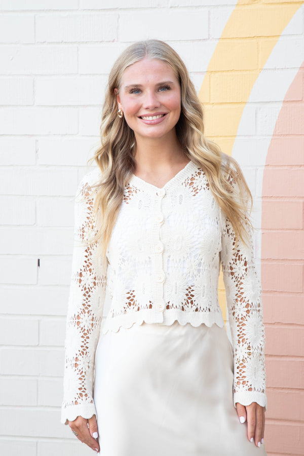 Mona Floral Crochet Cardigan, Natural