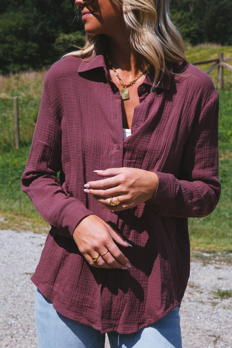 Cora Gauze Oversized Button Down Top, Plum