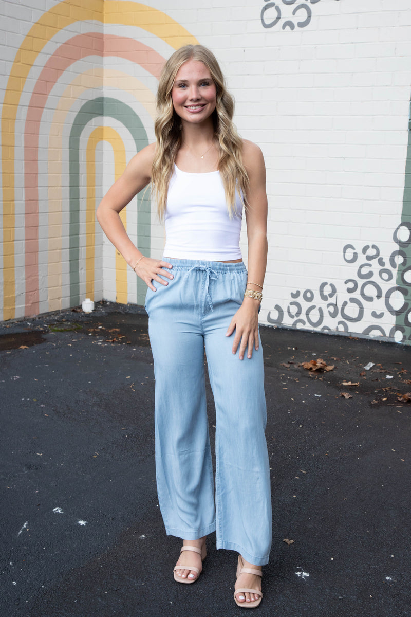 Saige Elastic Waist Tencel Pants, Light Blue