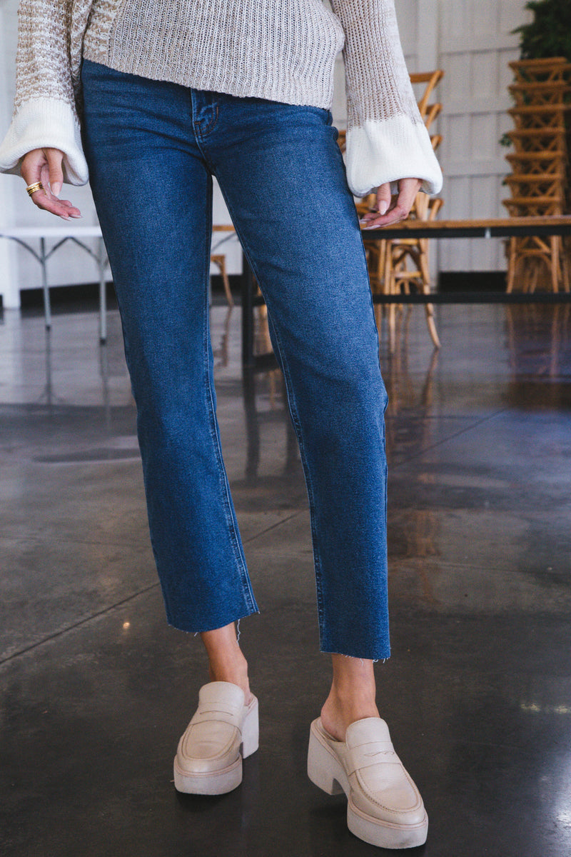 Samara Hem Detail Straight Leg Jeans, Dark Denim