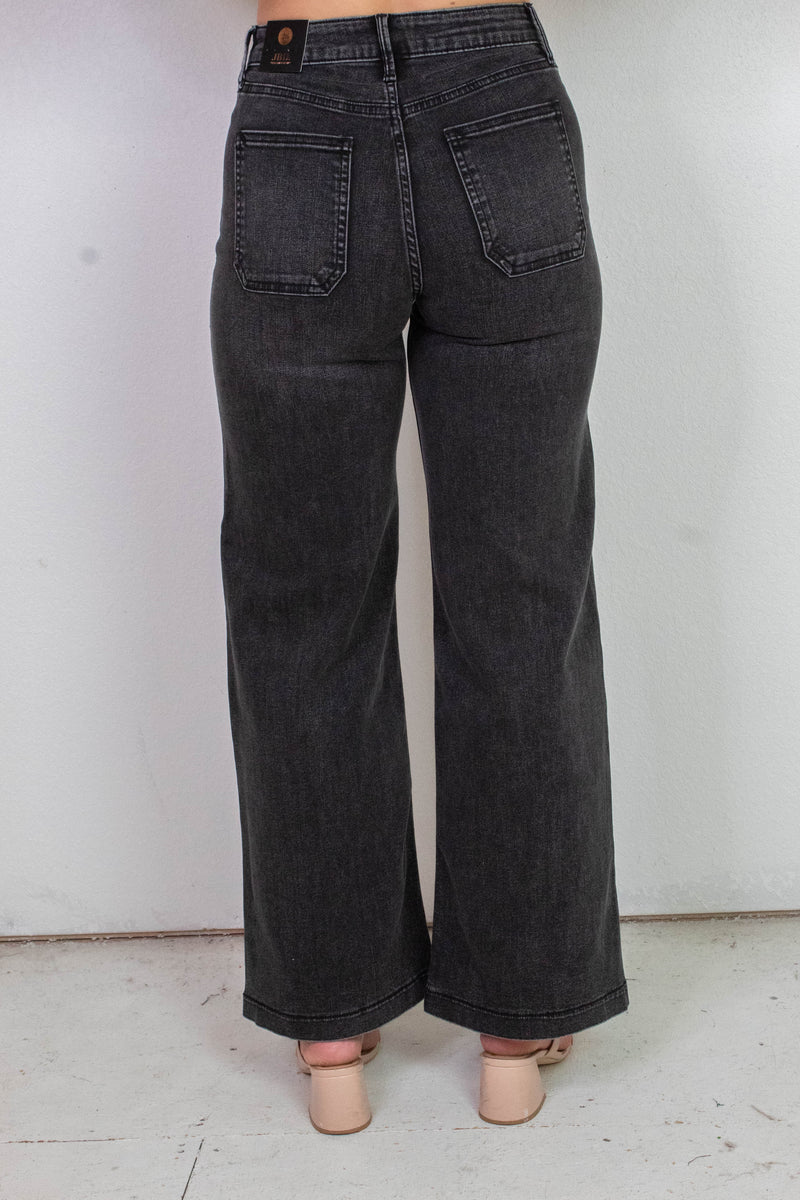 Leah Patch Pocket Wide Leg Jeans, Washed Black