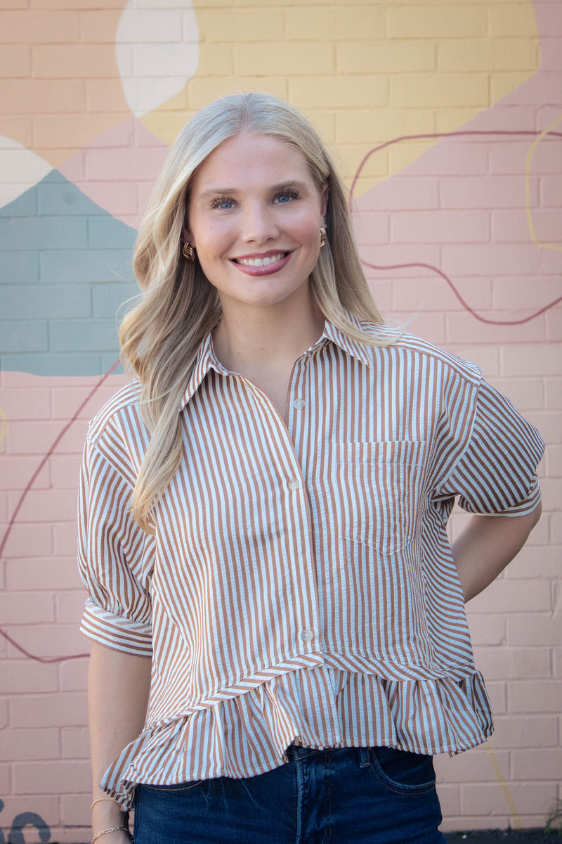 Indie Striped Ruffle Hem Button Up Top, Brown