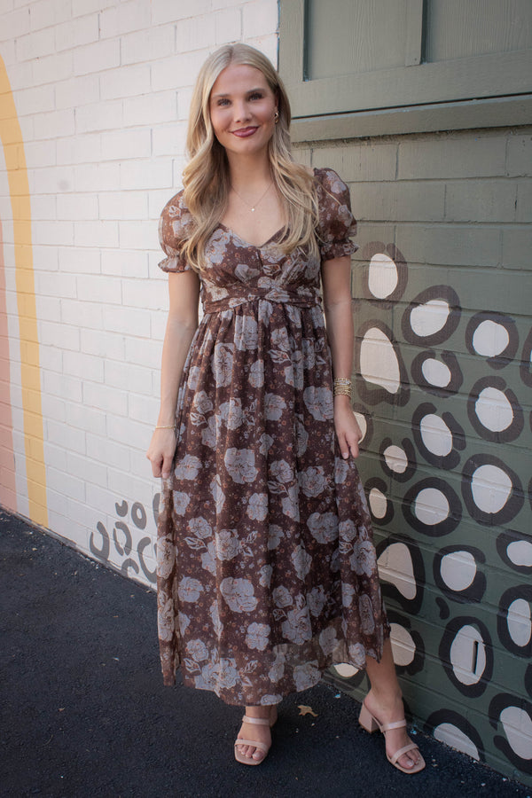Joy Floral Sweetheart Midi Dress, Brown Multi