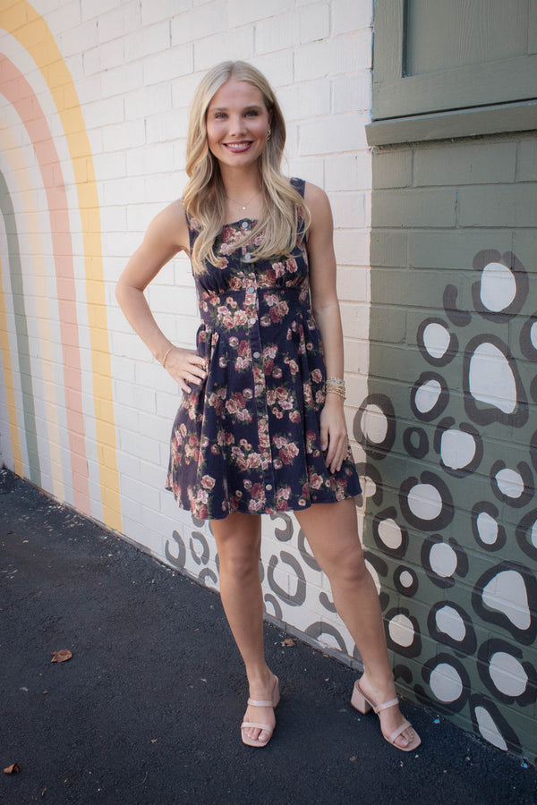 Opal Stone Washed Floral Denim Dress, Navy