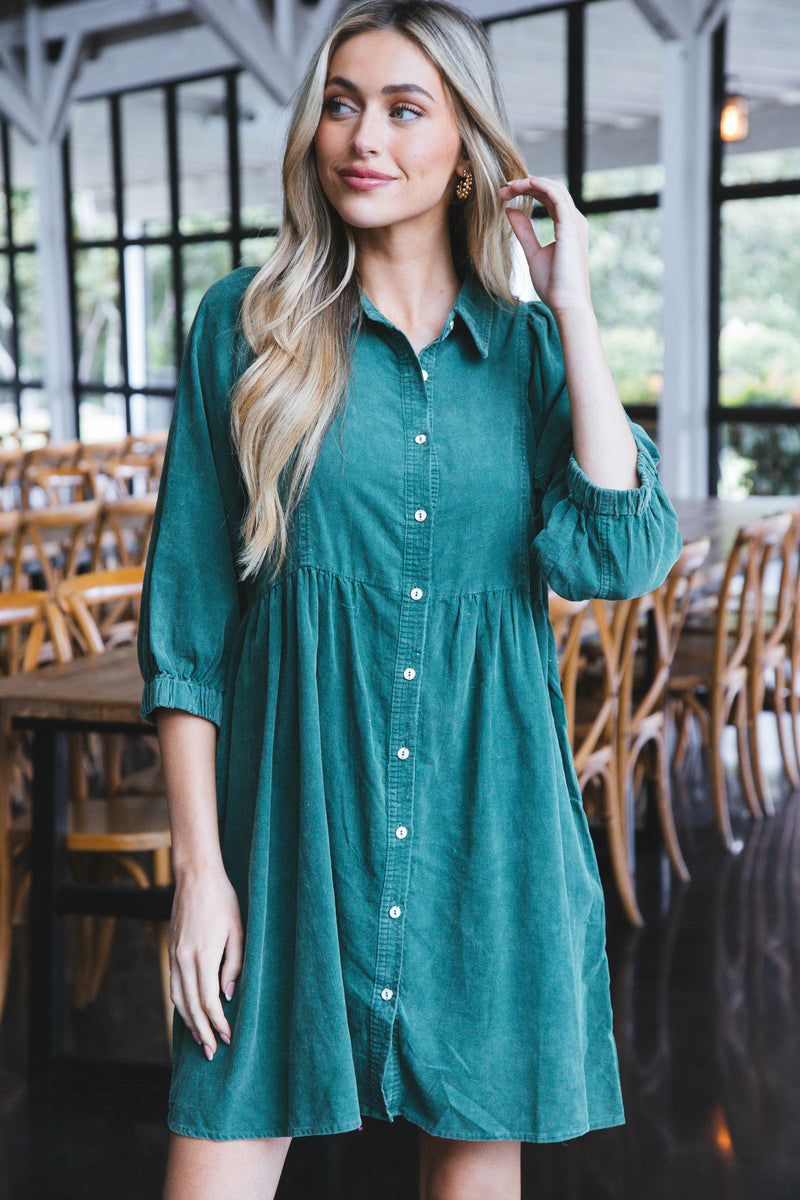 Lassen Corduroy Button Up Dress, Evergreen
