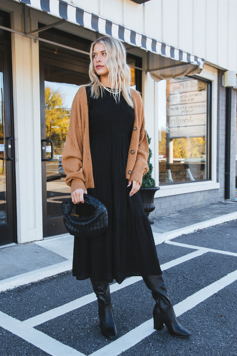 Celene Smocked Midi Dress, Black