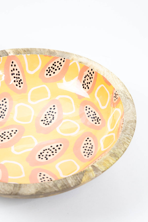 Large Enameled Mango Wood Bowl, Yellow