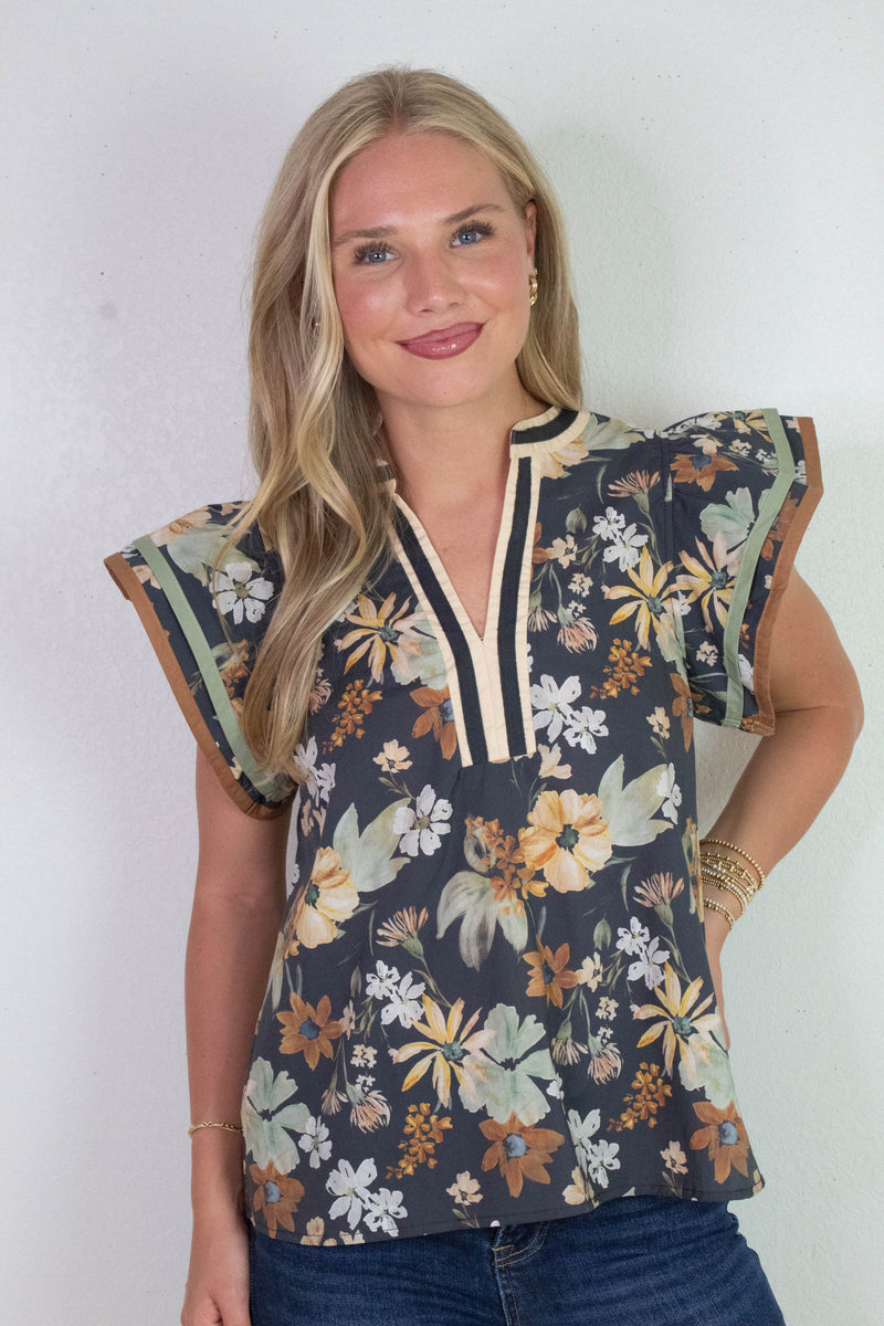 Flora Contrast Stripe V-Neck Top, Charcoal