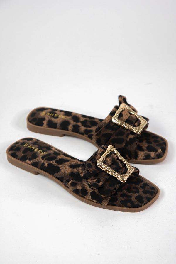 Concept Gold Buckle Slide On Sandal, Leopard Canvas