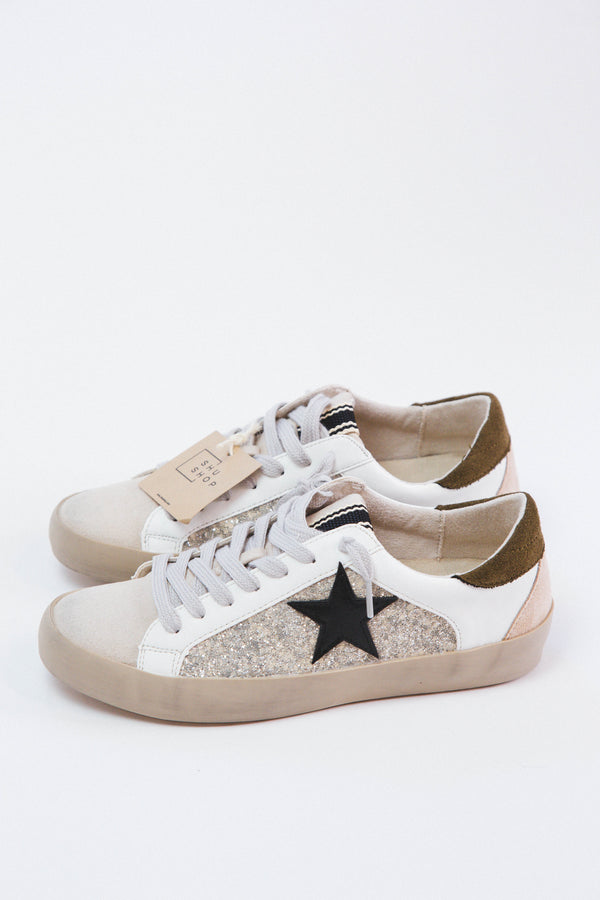 Paula Lace Up Star Sneaker, Pearl Glitter
