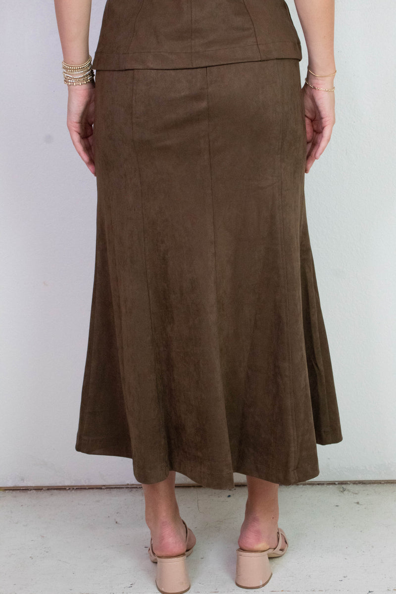 Madison Suede Gore Hem Skirt, Dark Oak